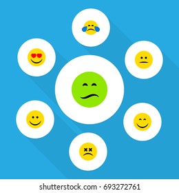 Flat Icon Emoji Set Of Love, Frown, Smile And Other Vector Objects. Also Includes Dizzy, Mood, Joy Elements.