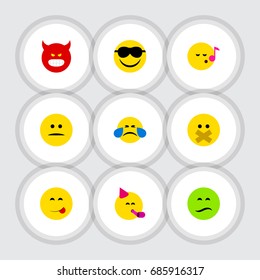 Flat Icon Emoji Set Of Party Time Emoticon, Hush, Cold Sweat And Other Vector Objects. Also Includes Food, Tears, Fun Elements.