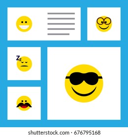 Flat Icon Emoji Set Of Pleasant, Happy, Asleep And Other Vector Objects. Also Includes Sleeping, Laugh, Emoji Elements.