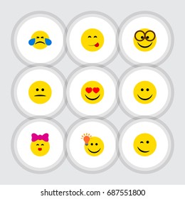 Flat Icon Emoji Set Of Pleasant, Winking, Caress And Other Vector Objects. Also Includes Joy, Emoji, Pleasant Elements.