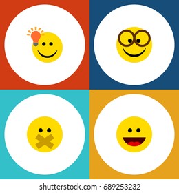 Flat Icon Emoji Set Of Pleasant, Laugh, Have An Good Opinion And Other Vector Objects. Also Includes Face, Light, Hush Elements.