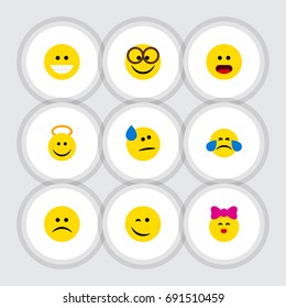 Flat Icon Emoji Set Of Pleasant, Tears, Caress And Other Vector Objects. Also Includes Confused, Winking, Face Elements.