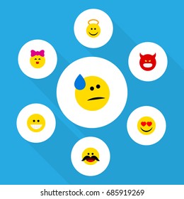 Flat Icon Emoji Set Of Pouting, Caress, Tears And Other Vector Objects. Also Includes Grin, Angel, Cheerful Elements.