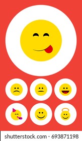Flat Icon Emoji Set Of Sad, Delicious Food, Displeased And Other Vector Objects. Also Includes Party, Mood, Face Elements.