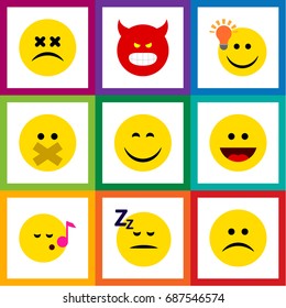 Flat Icon Emoji Set Of Smile, Asleep, Hush And Other Vector Objects. Also Includes Smile, Laugh, Idea Elements.