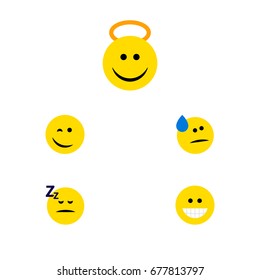 Flat Icon Emoji Set Of Winking, Angel, Grin And Other Vector Objects. Also Includes Cheerful, Emoji, Happy Elements.