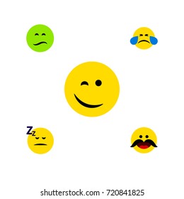 Flat Icon Emoji Set Of Winking, Asleep, Cheerful And Other Vector Objects. Also Includes Whiskers, Sad, Emoji Elements.