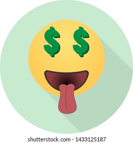 flat icon emoticon with tongue and dollar sign instead of eyes on green background