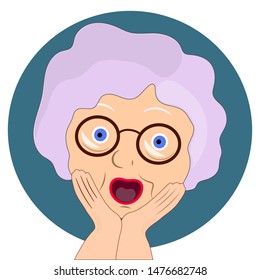 Flat icon, emotion will be scared . Granny with glasses and a scared face. Emotions of an old woman. Blue circle. Vector