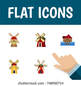Flat Icon Energy Set Of Propeller, Turbine, Watermill And Other Vector Objects. Also Includes Waterwheel, Energy, Mill Elements.