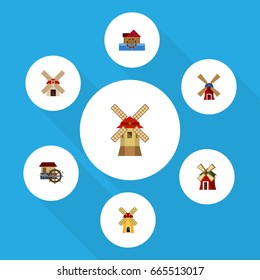 Flat Icon Energy Set Of Turbine, Wind Energy, Watermill And Other Vector Objects. Also Includes Windmill, Wheel, Propeller Elements.