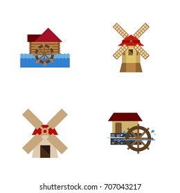 Flat Icon Energy Set Of Watermill, Turbine, Wheel And Other Vector Objects. Also Includes Windmill, Wheel, Farm Elements.