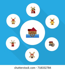 Flat Icon Energy Set Of Wheel, Turbine, Rural And Other Vector Objects. Also Includes Farm, Power, Energy Elements.