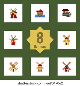 Flat Icon Energy Set Of Wind Energy, Ecology, Watermill And Other Vector Objects. Also Includes Waterwheel, Ecology, Watermill Elements.