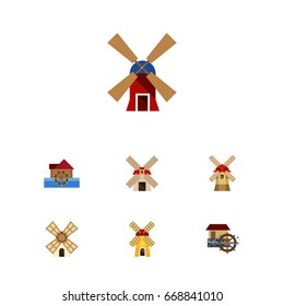 Flat Icon Energy Set Of Windmill, Turbine, Watermill And Other Vector Objects. Also Includes Energy, Farm, Mill Elements.