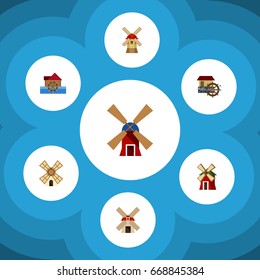 Conjunto De Energia De Ícone Plano De Moinho De Vento, Rural, Roda E Outros Objetos Vetoriais. Também Inclui Roda D'Água, Energia, Elementos Da Fazenda.