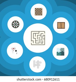 Flat Icon Entertainment Set Of Arrow, Chess Table, Ace And Other Vector Objects. Also Includes Cards, Jigsaw Elements.