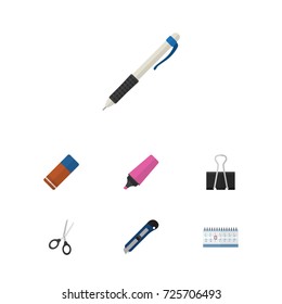 Flat Icon Equipment Set Of Clippers, Knife, Pencil And Other Vector Objects. Also Includes Pushpin, Write, Scissors Elements.