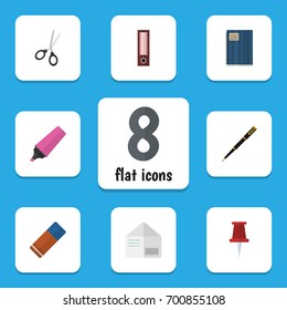 Flat Icon Equipment Set Of Copybook, Marker, Pushpin And Other Vector Objects. Also Includes Rubber, Copybook, Clippers Elements.