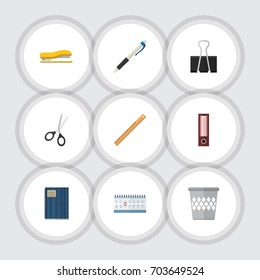 Flat Icon Equipment Set Of Dossier, Trashcan, Straightedge And Other Vector Objects. Also Includes Ruler, Calendar, Pushpin Elements.