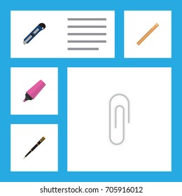 Flat Icon Equipment Set Of Knife, Straightedge, Fastener Page And Other Vector Objects. Also Includes Cutter, Blade, Nib Elements.