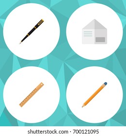 Flat Icon Equipment Set Of Nib Pen, Letter, Straightedge And Other Vector Objects. Also Includes Writing, Ruler, Envelope Elements.