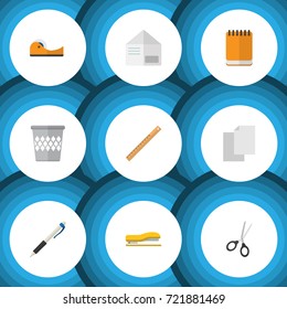 Flat Icon Equipment Set Of Pencil, Sticky, Trashcan And Other Vector Objects. Also Includes Basket, Scissors, File Elements.