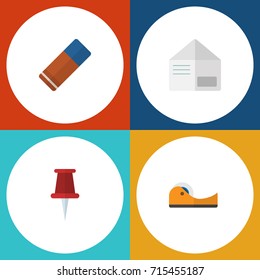 Flat Icon Equipment Set Of Rubber, Letter, Pushpin And Other Vector Objects. Also Includes Letter, Adhesive, Delete Elements.