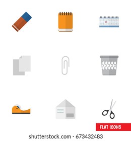 Flat Icon Equipment Set Of Sheets, Trashcan, Rubber And Other Vector Objects. Also Includes Bin, Clip, Duct Elements.