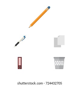 Flat Icon Equipment Set Of Sheets, Pencil, Dossier And Other Vector Objects. Also Includes Write, Blank, Basket Elements.
