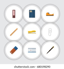Flat Icon Equipment Set Of Sticky, Rubber, Copybook And Other Vector Objects. Also Includes Binder, Date, Clip Elements.