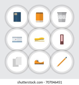 Flat Icon Equipment Set Of Supplies, Copybook, Sheets And Other Vector Objects. Also Includes Basket, Date, Bin Elements.
