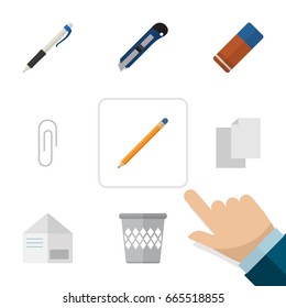 Flat Icon Equipment Set Of Trashcan, Pencil, Rubber And Other Vector Objects. Also Includes Paper, Blade, Pen Elements.