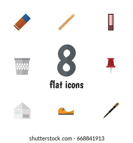 Flat Icon Equipment Set Of Trashcan, Pushpin, Sticky And Other Vector Objects. Also Includes Rubber, Adhesive, Bin Elements.