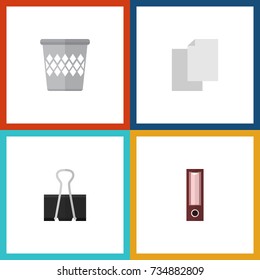 Flat Icon Equipment Set Of Trashcan, Paper Clip, Sheets And Other Vector Objects. Also Includes Bin, Paper, Basket Elements.