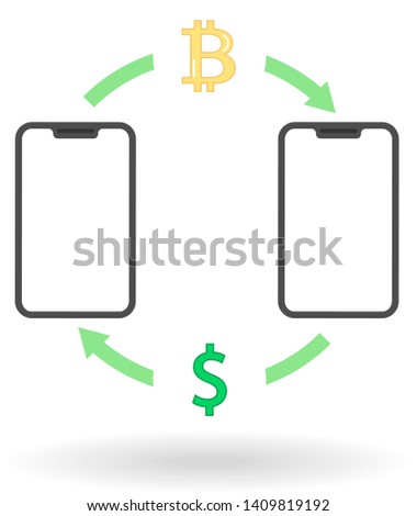 flat icon exchange dollars on bitcoins between two smartphones isolated