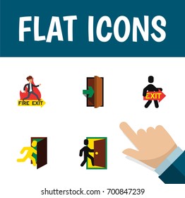 Flat Icon Exit Set Of Entrance, Evacuation, Emergency And Other Vector Objects. Also Includes Directional, Fire, Evacuation Elements.
