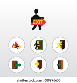 Flat Icon Exit Set Of Fire Exit, Open Door, Directional And Other Vector Objects. Also Includes Entry, Emergency, Exit Elements.