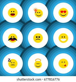 Flat Icon Expression Set Of Angel, Delicious Food, Cheerful And Other Vector Objects. Also Includes Asleep, Sleeping, Savoring Elements.