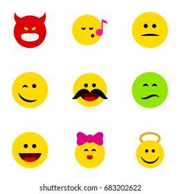 Flat Icon Expression Set Of Angel, Cheerful, Winking And Other Vector Objects. Also Includes Happy, Displeased, Angel Elements.