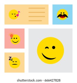 Flat Icon Expression Set Of Asleep, Have An Good Opinion, Winking And Other Vector Objects. Also Includes Sleeping, Happy, Light Elements.