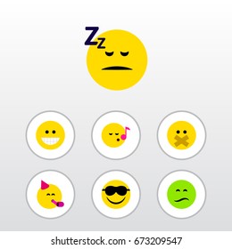 Flat Icon Expression Set Of Asleep, Descant, Party Time Emoticon And Other Vector Objects. Also Includes Hush, Emoji, Silent Elements.