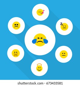 Flat Icon Expression Set Of Asleep, Hush, Displeased And Other Vector Objects. Also Includes Cheerful, Angel, Hush Elements.