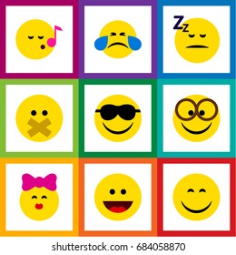 Flat Icon Expression Set Of Caress, Pleasant, Happy And Other Vector Objects. Also Includes Tears, Laugh, Kiss Elements.