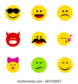 Flat Icon Expression Set Of Caress, Smile, Happy And Other Vector Objects. Also Includes Emoji, Frown, Pouting Elements.