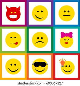 Flat Icon Expression Set Of Caress, Happy, Joy And Other Vector Objects. Also Includes Emoji, Sunglasses, Mood Elements.