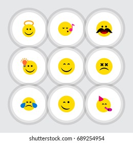Flat Icon Expression Set Of Cold Sweat, Angel, Cross-Eyed Face And Other Vector Objects. Also Includes Smile, Light, Party Elements.