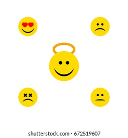 Flat Icon Expression Set Of Cross-Eyed Face, Angel, Sad And Other Vector Objects. Also Includes Smile, Emoji, Displeased Elements.