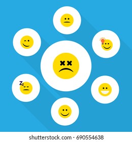 Flat Icon Expression Set Of Cross-Eyed Face, Grin, Displeased And Other Vector Objects. Also Includes Laugh, Displeased, Light Elements.
