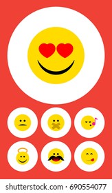 Flat Icon Expression Set Of Descant, Displeased, Cheerful And Other Vector Objects. Also Includes Heart, Mood, Savoring Elements.